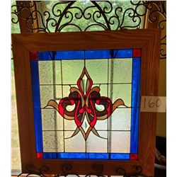 Beautiful Framed Stained Glass Panel - approx 28" x 28" - colors: clear, burgundy, navy, white, pink