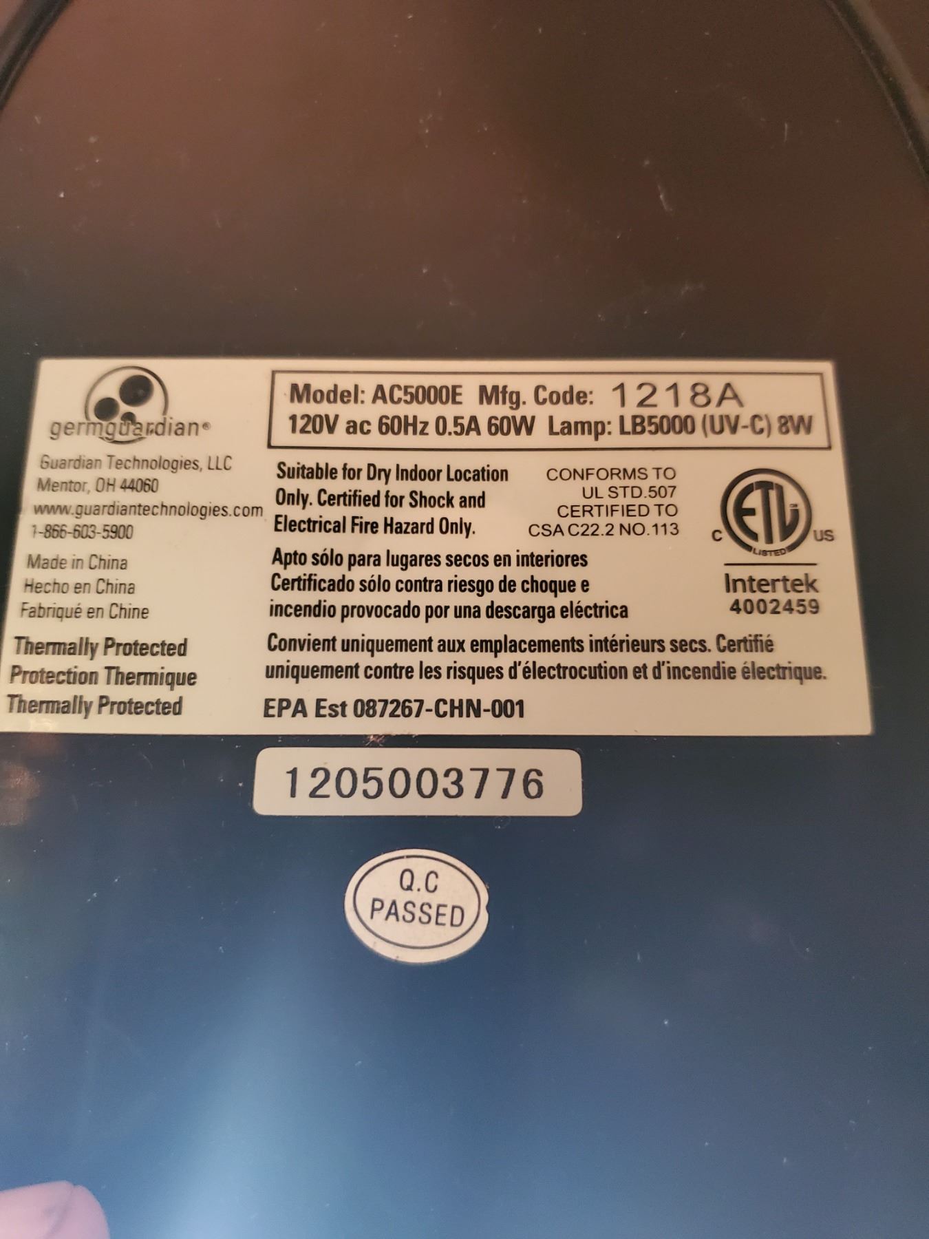 Germ Guardian 3-IN-1 Air Purifier, Model AC5000E