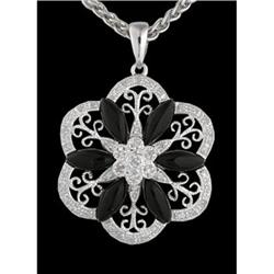 14KW Gold Black Onyx/Diamond Flower Pendant