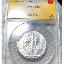 1945-D Walking Half Dollar ANACS - MS64