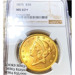 1875 $20 Gold Double Eagle NGC - MS62+