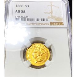 1868 $3 Gold Piece NGC - AU58
