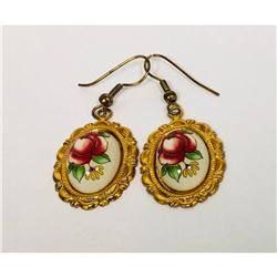 Ladies Vintage Hand Painted Floral Earrings Mounted In 18K Gold Plated Backing