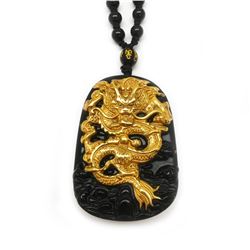 Natural Black And 18K Gold Filled Obsidian Asian Dragon