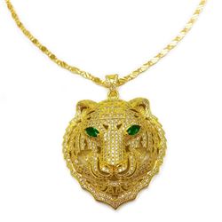 Gold Plated & Bejewelled Lion Head Pendant On 18kt Gold Plated Necklace