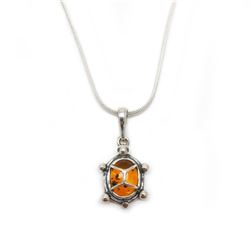 Baltic Amber 925 Silver Plated Tortoise Pendant Necklace On A 925 Silver Plated Snake Link Chain
