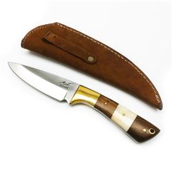 Wood, Bone & Brass Fitted 440 Steel Hunting Blade With Leather Stitched Sheath