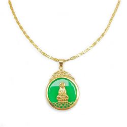 Chinese Green Jade Resting Buddha Paired With An 18 Karat Gold Plated Necklace
