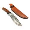 Image 3 : Full Tang Wood Handled Riveted Damascus Hunting Knife With Stitched Leather Sheath