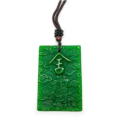 Asian Green Jade Carved Pendant On Beaded Rope Necklace