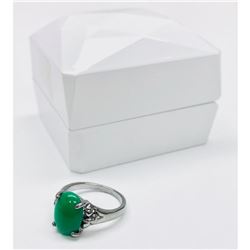 Elegant Carved Green Jade Oval Cut Stone Mounted On 925 Sterling Ring Band