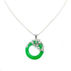 Green Jade Circle of Life Dragon Pendant With 925 Silver Snake Braid Necklace
