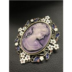 Purple Semi-Precious Floral Cameo Broach Silhouette Of A Beauty