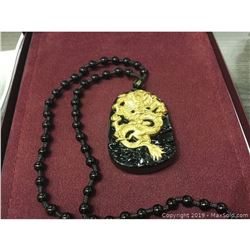 Natural Black And Gold Obsidian Asian Dragon Medallion on a Black Jade Bead Necklace