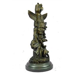 Sign Original Fisher Indian Warrior With Totem Pole Bird Bronze Statue Sculpture