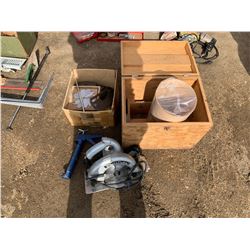 SAW BLADES, BLACK AND DECKER PROFESSIONAL HD SAW, CALKING GUN, WOODEN CHEST, AND REAL WOOD VENEER (1