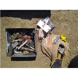 BOX OF ROPE, BOOSTER CABLE CLAMPS, CHAIN, HANDLES, MISC. PARTS