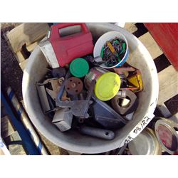 BUCKET OF TRACTOR PARTS, PULLEYS, NAILS