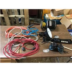 4 EXTENSTION CORDS+ SPOTLIGHT+MOTOR W/ GRINDING STONE+GOGELS AND ITEMS