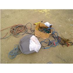 BOX OF AIR HOSE, BOOSTER CABLES, EXTENSION CORDS