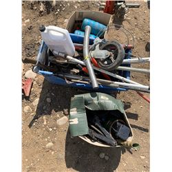 3 BOXES OF MISC. BARS, WHEELS, JACK STAND, AIRBAGS