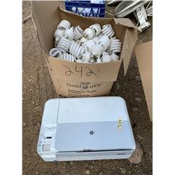 HP PRINTER AND BOX OF LIGHT BULBS