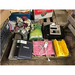 TWO PHOTO ALBUMS NEW+FLOWERS+HEAT PAD+VCRPLAYER+BAG OF GRASS FERTALIZER+RECIEPT MACHINE+ITEMS