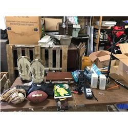 PAIR OF COWBOY BOOTS+TWO SOFTBALL GLOVES+FOOTBALL+DUFFLE BAG IN A STORAGE BAG+GAUTAR STAND+BOX AND 2