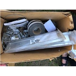 BOX OF GARAGE PARTS, ROLLERS, ETC.