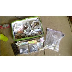 BOX OF MISCELLANEOUS HANDLES, DRAWER PULLS, CLIPS, SCREWS