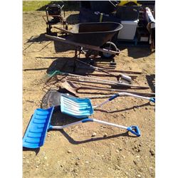 WHEELBARROW W/ ASSORTED YARD TOOLS