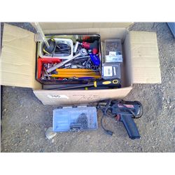 BOX OF SOLDERING GUN, SCREWS, SCREWDRIVER BITS, SOCKETS, ETC.