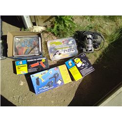 LOT OF MISC. TOOLS - ROUTER BASE, DRILLS, AIR SAW, ANGLE DRILL GUIDE