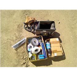 2 BOXES OF MISC. AND POWER FIST TOOL BAG W/ TOOLBELTS, ETC.