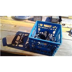 BLUE CRATE ASSORTED HOUSE PARTS AND OLD METAL SHOVEL