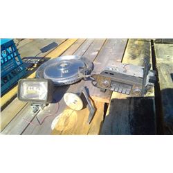 OLD STEREO FROM CAR+MIRROR+LIGHT FOR CAR+TWO 1970'S CADILAC HUB CAPS