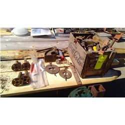 OLD COCA-COLA WOOD CRATE FILLED WITH ASSORTED METALS/PARTS