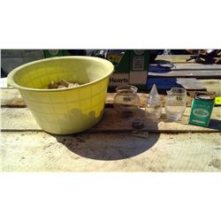 THREE GLASSES VINTAGE+POWDER COLOUR PAINT VINTAGE+ASSORTED CORKS AND YELLOW BUCKET