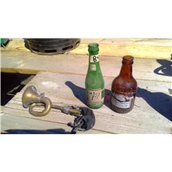 TWO VINTAGE BOTTLES + OLD VINTAGE BIKE HORN