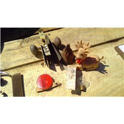 VINTAGE DOORKNOB+OLD FUNNEL+RUDOLPH FIGURE+BIKE DEFLECTOR+6V VINTAGE LIGHT BULB