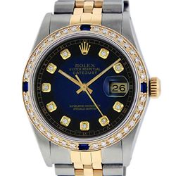 Rolex Mens 2 Tone 14K Blue Vignette Diamond & Sapphire Datejust Wristwatch