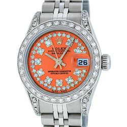 Rolex Ladies Stainless Steel 26MM Orange String Diamond Lugs Datejust Wristwatch