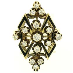 14k Yellow Gold .90 ctw Round Diamond Black Enamel Marquise Cocktail Ring