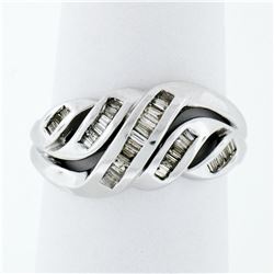 Solid 14k White Gold .75 ctw Channel Set Baguette Cut Diamond Open Swirl Band Ri