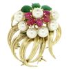 Image 1 : 14K Yellow Gold 2.36 ctw Cabochon Ruby Jade 5mm Pearl Textured Flower Brooch Pin