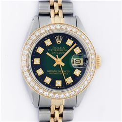 Rolex Ladies 2 Tone 14K Green Vignette VS Diamond Datejust Wristwatch