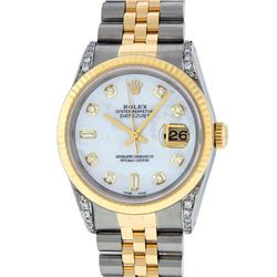 Rolex Mens 2 Tone MOP Diamond Lugs 36MM Datejust Wristwatch