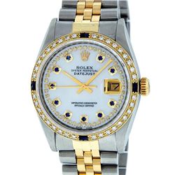 Rolex Mens 2 Tone 14K Mother Of Pearl Diamond & Sapphire Datejust Wristwatch