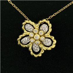 18k Yellow and White Gold 1.22 ctw Diamond Cluster Flower Pendant Necklace