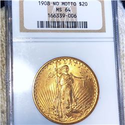 1908 $20 Gold Double Eagle NGC - MS 64 NO MOTTO